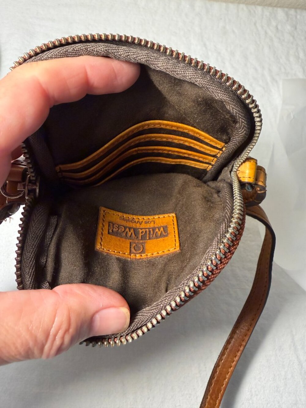 Wild West Los Angeles Woven Leather Crossbody Phone Bag Cognac Brown Minimalist - Picture 9 of 14